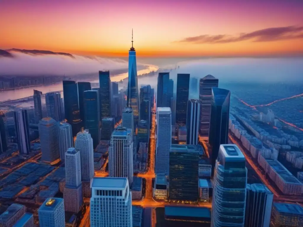 Espléndida panorámica urbana al atardecer Vista aérea impresionante de una ciudad moderna al atardecer, con rascacielos de cristal reflejando el sol