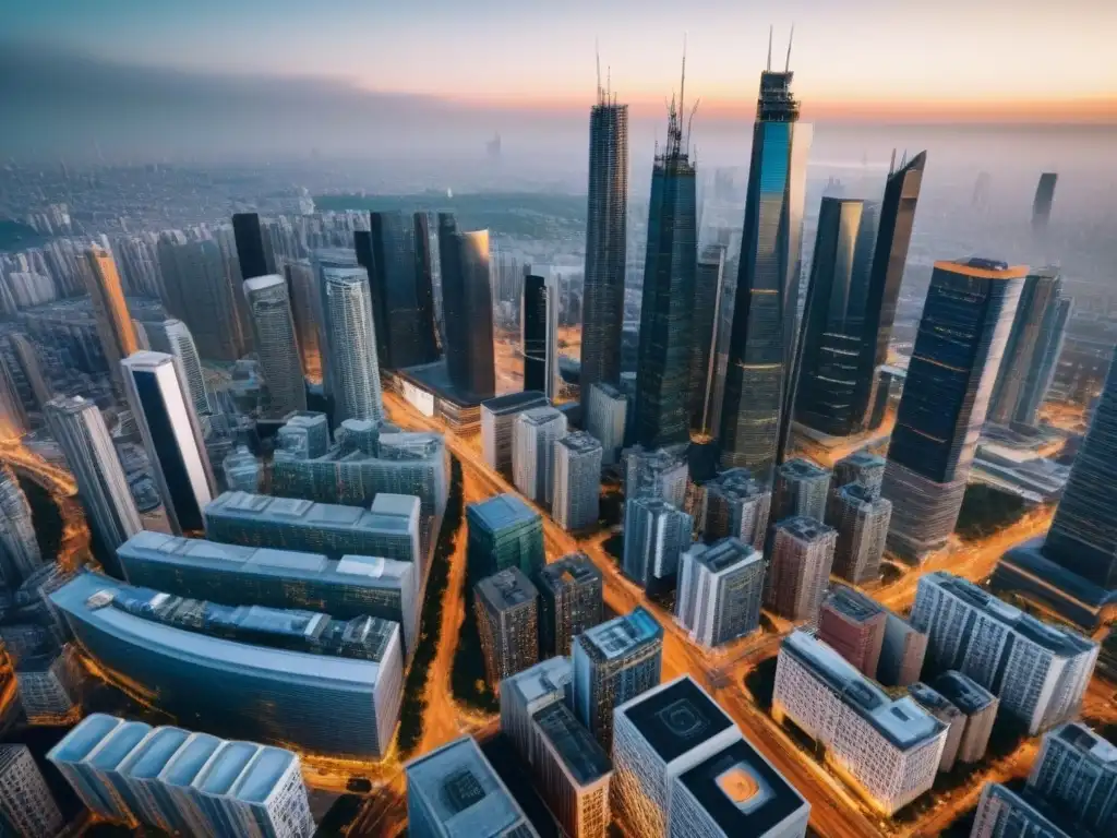 Metrópolis vibrante: evolución dinámica del paisaje urbano compartido Vista aérea impresionante de una ciudad moderna con modelos de economía compartida inmobiliaria