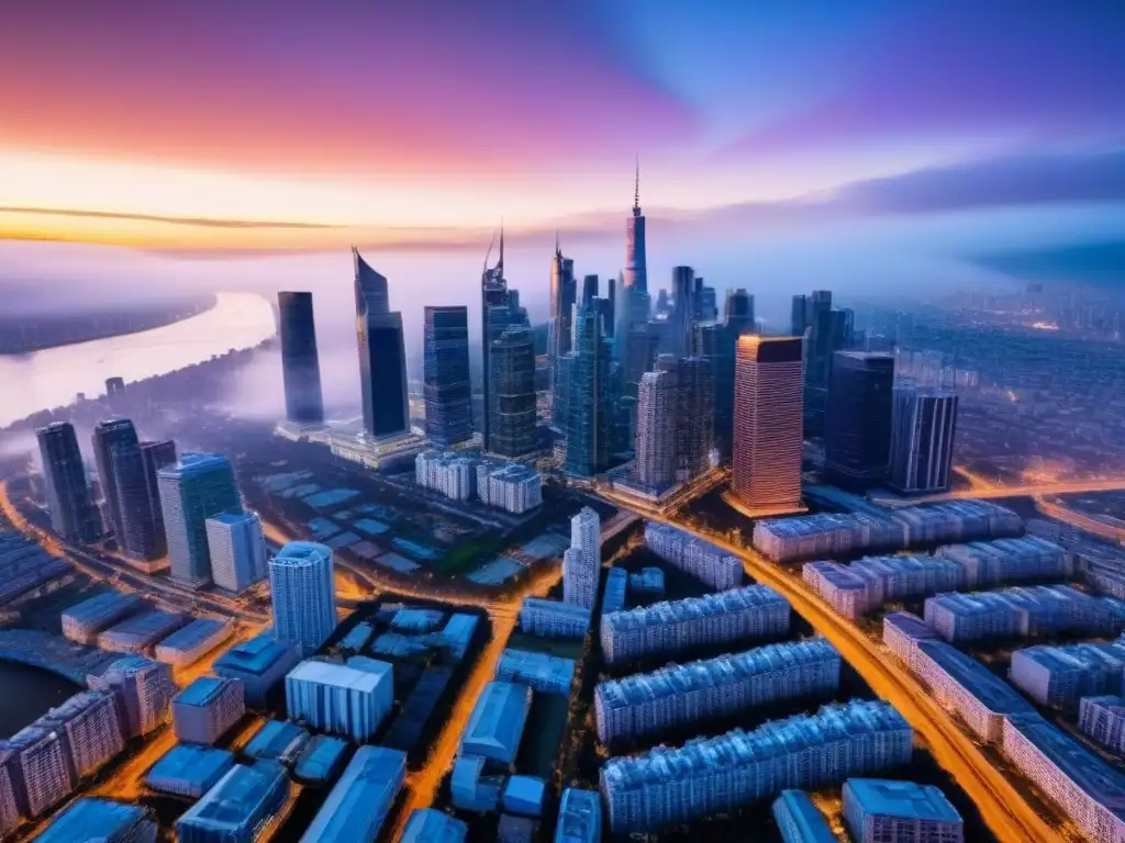Espectacular ciudad moderna al atardecer: skyline iluminado Vista aérea impresionante de una ciudad al anochecer con rascacielos iluminados y un río, ideal para estrategias de monetización inmobiliaria