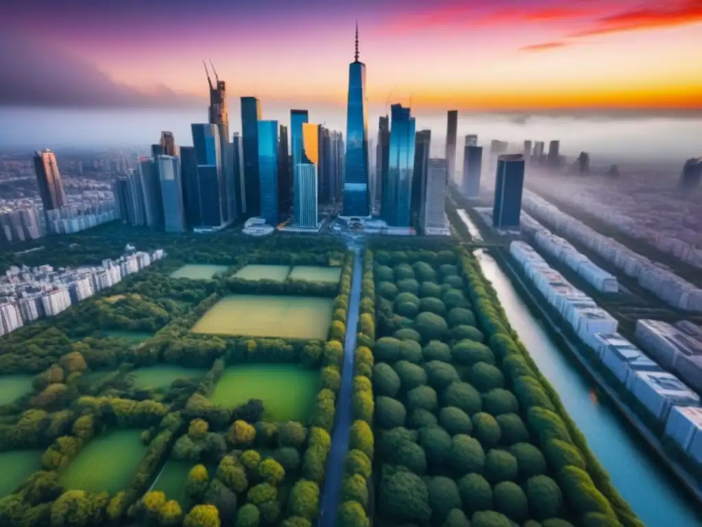 Horizonte urbano moderno al atardecer con potencial inmobiliario Vista aérea impresionante de una ciudad moderna con rascacielos, rodeada de naturaleza