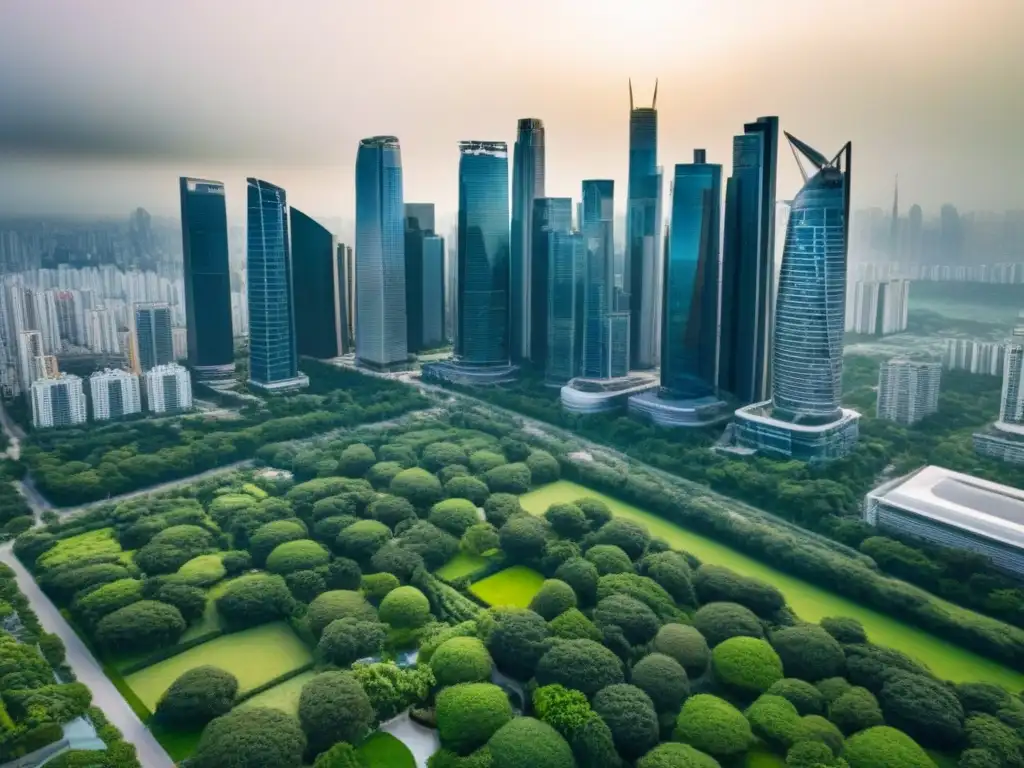 Metrópolis moderna: inversión en REITs entre rascacielos y áreas verdes Vista aérea impresionante de una ciudad con rascacielos y parques, mostrando el rendimiento REITs inversión inmobiliaria