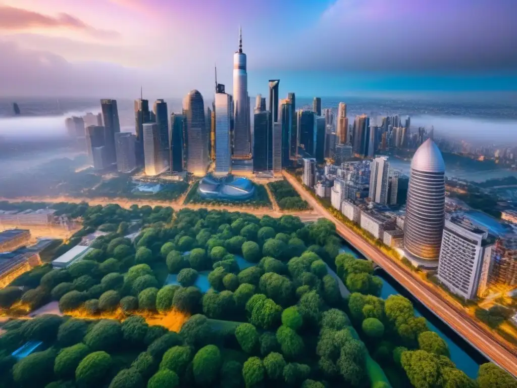 Inversión inmobiliaria: panorama urbano moderno y vibrante Vista aérea impresionante de una ciudad moderna con rascacielos y calles bulliciosas, destacando la Importancia de localización en inversiones