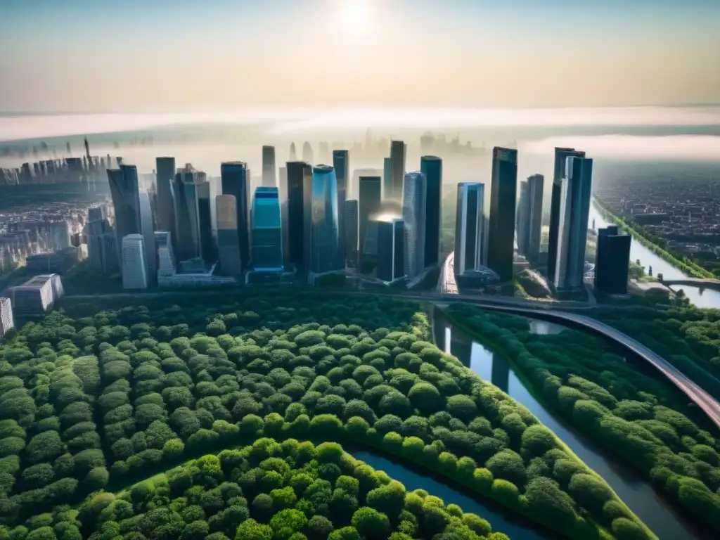 Metrópolis vibrante: inversión inmobiliaria en ciudad floreciente Vista aérea impresionante de una ciudad bulliciosa con rascacielos, parques verdes y ríos, reflejando la importancia de localización en inversiones