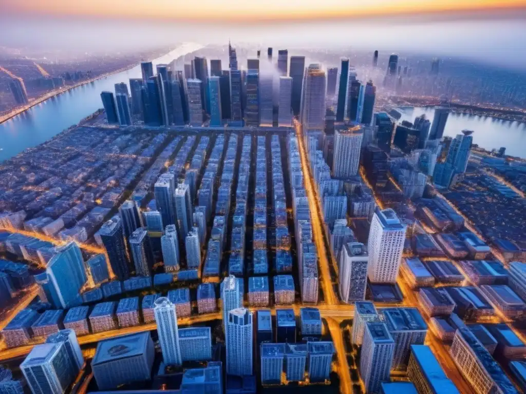 Cityscape vibrante: Oportunidades en crowdfunding inmobiliario Vista aérea impresionante de una ciudad vibrante y moderna, simbolizando el potencial de maximizar ganancias en el crowdfunding inmobiliario