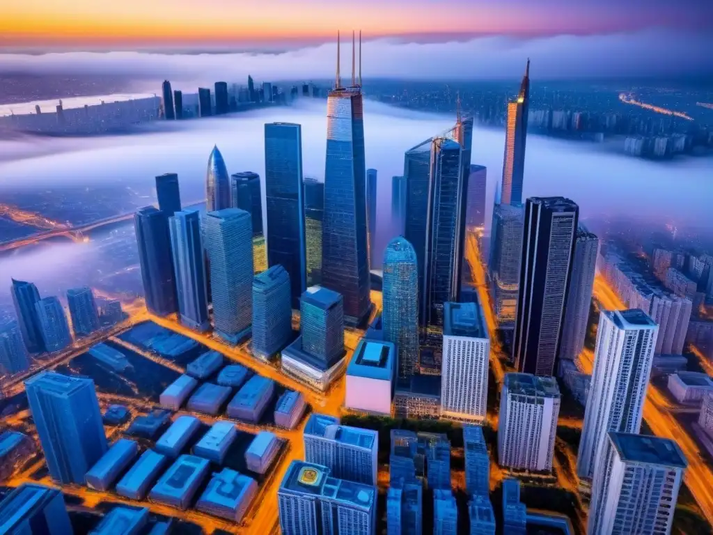 Horizonte urbano: modernos rascacielos en auge Vista aérea impresionante de una ciudad llena de rascacielos modernos, reflejando el vibrante mercado inmobiliario y oportunidades para maximizar ganancias crowdfunding inmobiliario