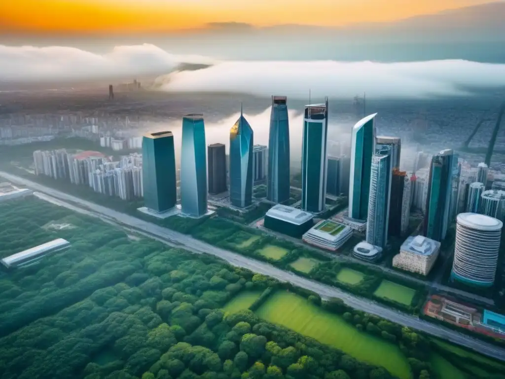 Skyline internacional: diversidad urbana para inversiones REIT Vista aérea impresionante de una ciudad internacional diversa y bulliciosa, representando las Inversiones Inmobiliarias Internacionales REITs