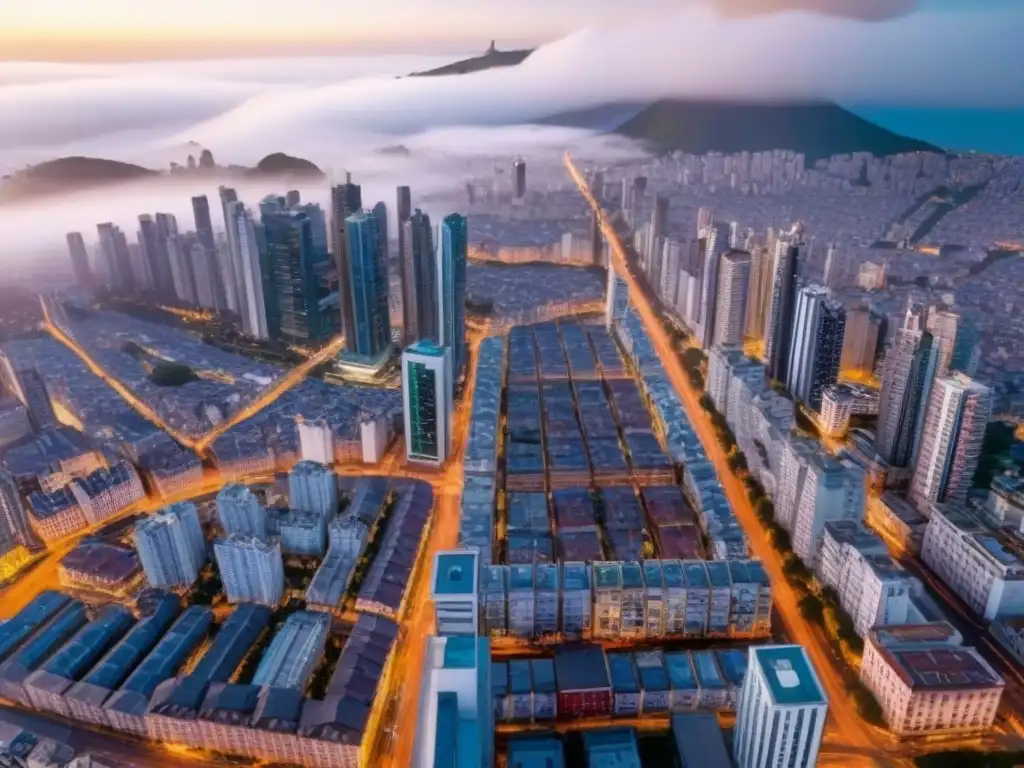Cityscape vibrante en América del Sur: mezcla de modernidad y tradición Vista aérea impresionante de una ciudad bulliciosa en Sudamérica, con regulaciones gubernamentales mercado inmobiliario Sudamérica
