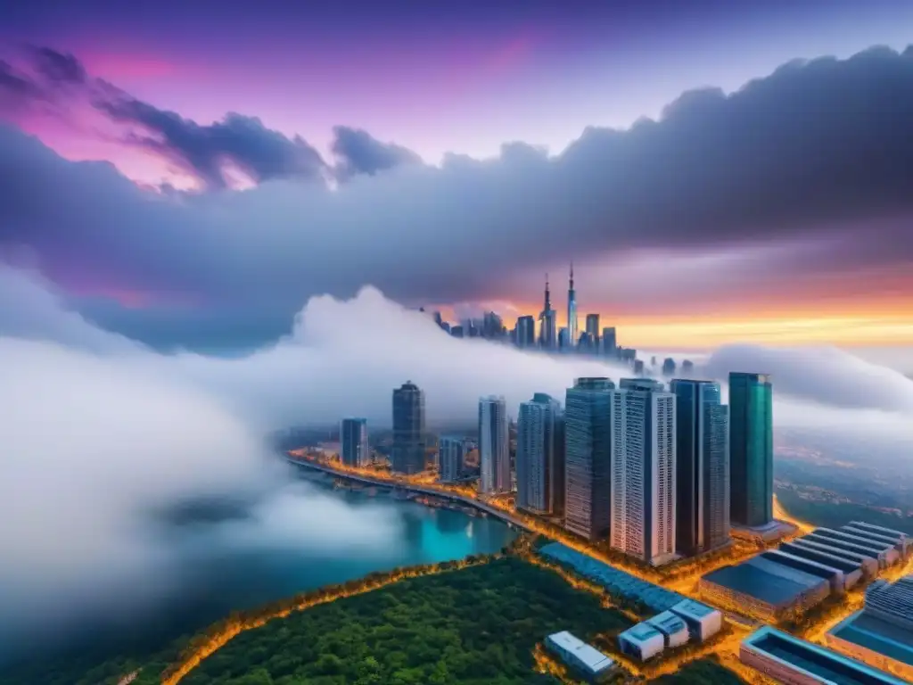 Vibrante ciudad con rascacielos: inversión inmobiliaria moderna Vista aérea impresionante de una ciudad con rascacielos y edificios modernos, reflejando el vibrante mercado inmobiliario y la naturaleza dinámica de las estrategias de negociar compras inmobiliarias