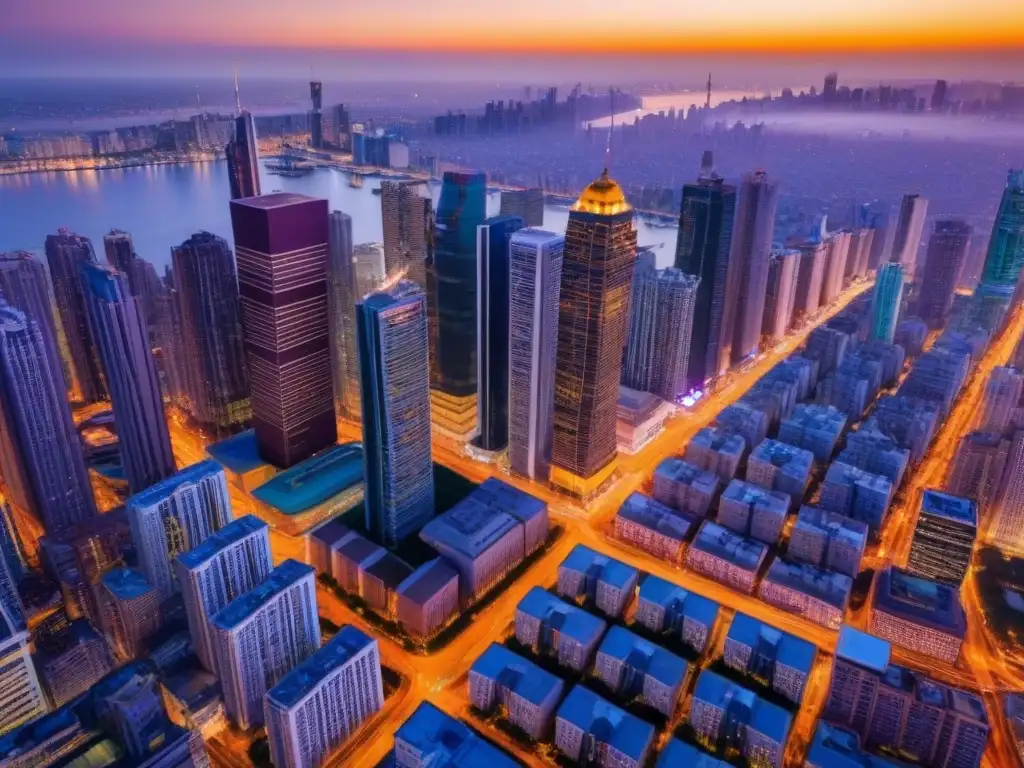 Espectacular ciudad moderna al anochecer: luces vibrantes y bullicio urbano Vista aérea impresionante de una ciudad moderna iluminada por luces vibrantes al anochecer, ideal para novatos en fondos de inversión inmobiliaria