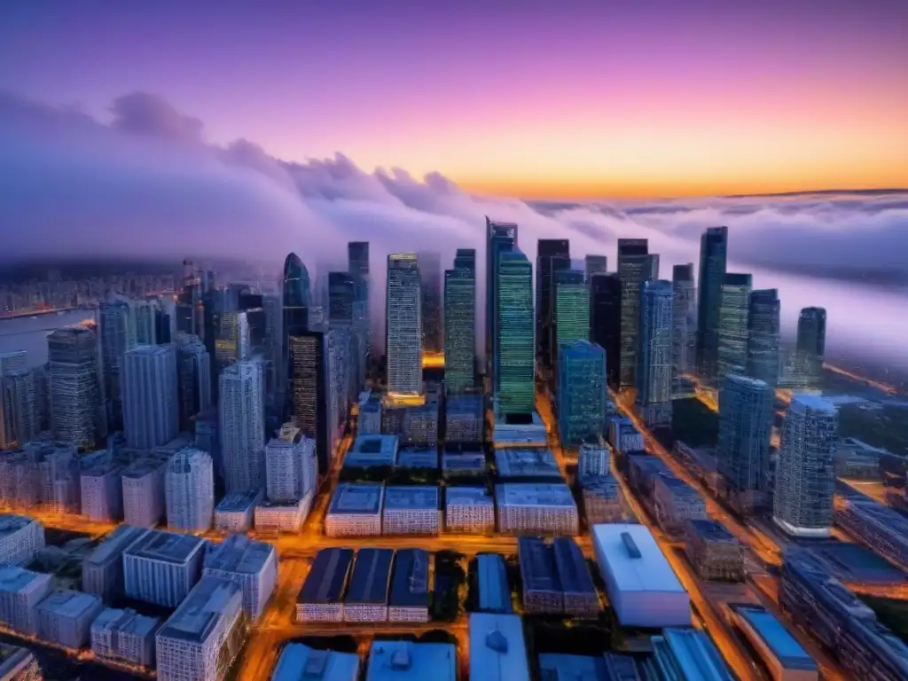 Deslumbrante panorama urbano al anochecer: evolución dinámica de inversiones inmobiliarias en la ciudad Vista aérea impresionante de una ciudad bulliciosa al anochecer, con rascacielos modernos iluminados contra el cielo oscureciendo, mostrando la evolución dinámica y el crecimiento de los Fondos de Inversión Inmobiliaria Evolución