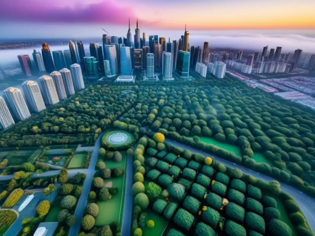 Oportunidades de inversión inmobiliaria en una ciudad dinámica Vista aérea impresionante de una ciudad diversa con rascacielos, edificios residenciales y espacios verdes, mostrando la dinámica de inversión en terrenos dentro del mercado inmobiliario urbano
