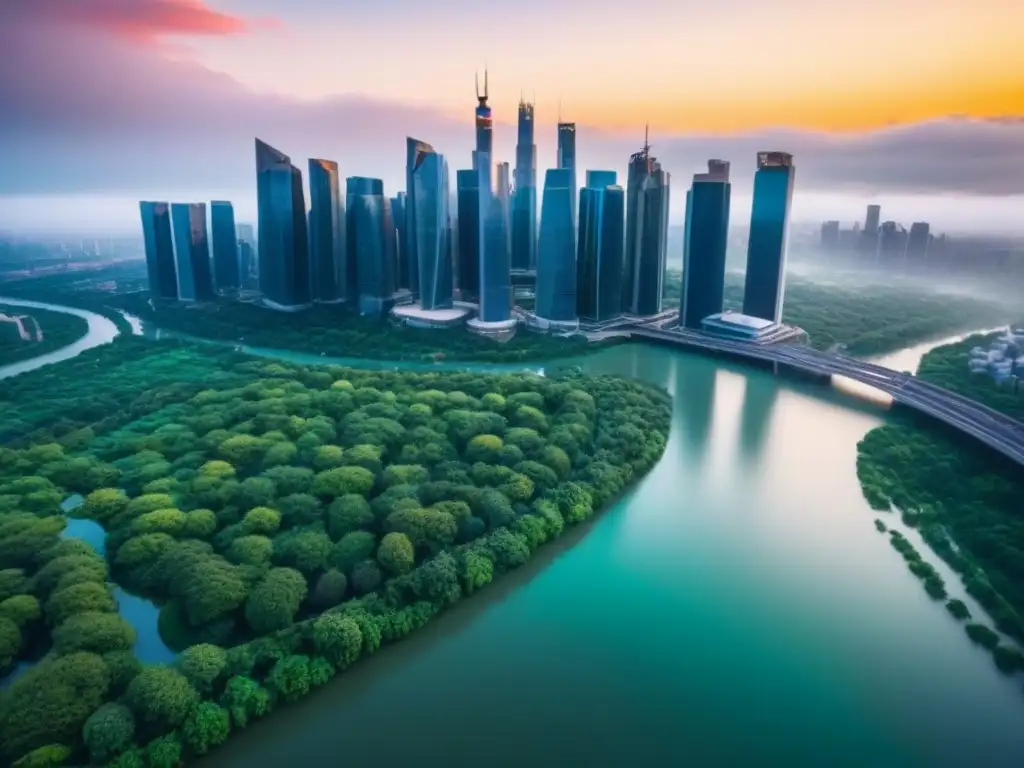 Horizonte urbano vibrante: inversión inmobiliaria 2023 Vista aérea impresionante de la ciudad con rascacielos, parques verdes y ríos, ideal para Fondos de Inversión Inmobiliaria 2023