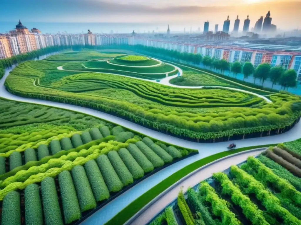 Arquitectura sostenible y naturaleza urbana en armonía Vista aérea impresionante de una ciudad integrada con parques urbanos y arquitectura sostenible