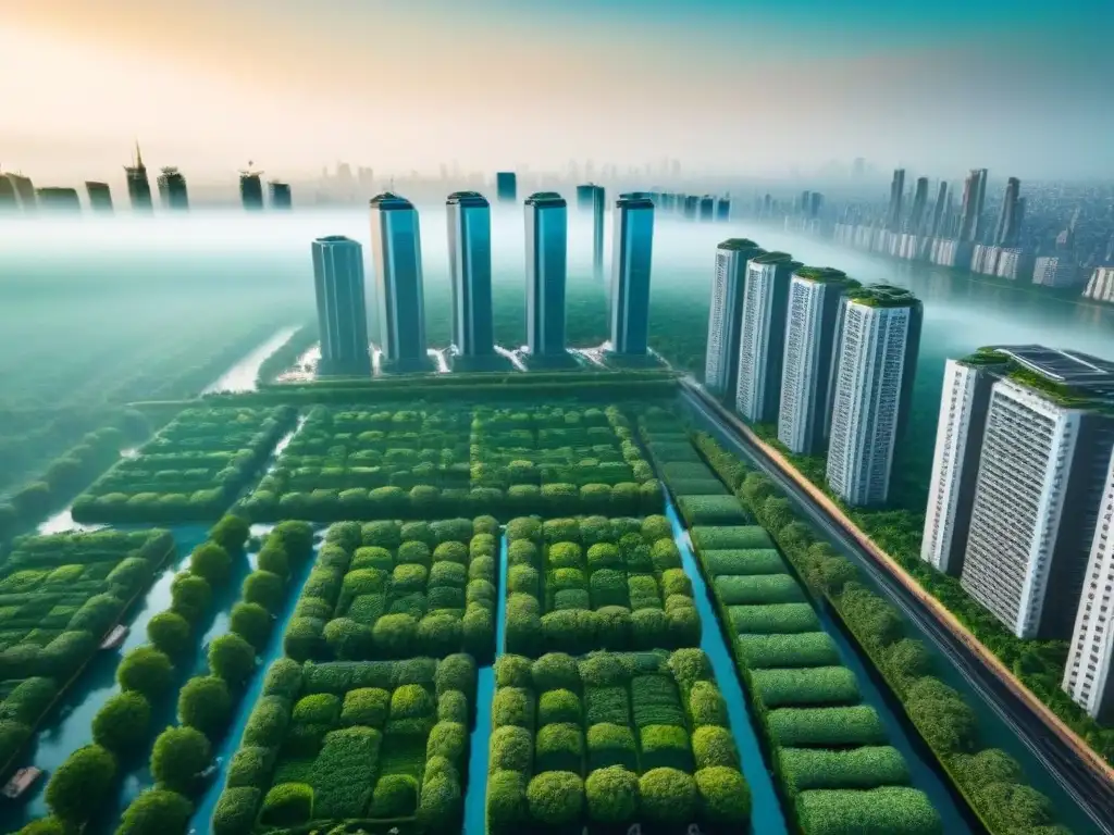 Cityscape futurista: armonía entre naturaleza y desarrollo urbano Vista aérea impresionante de una ciudad futurista con infraestructura verde, destacando la Importancia de la Infraestructura Verde