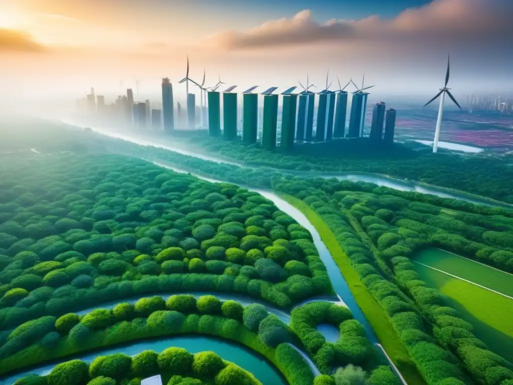 Visión aérea impactante de una ciudad verde sostenible Vista aérea impresionante de una ciudad verde sostenible con edificios ecológicos, jardines en azoteas y sistemas de transporte público eficientes integrados en la infraestructura urbana