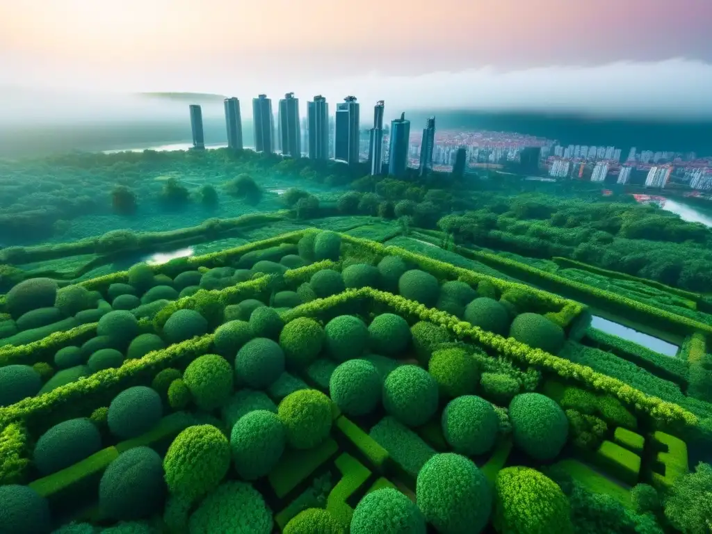 Metrópolis verde: armonía urbana y naturaleza Vista aérea impresionante de una ciudad con espacios verdes, reflejando la inversión en proyectos infraestructura verde