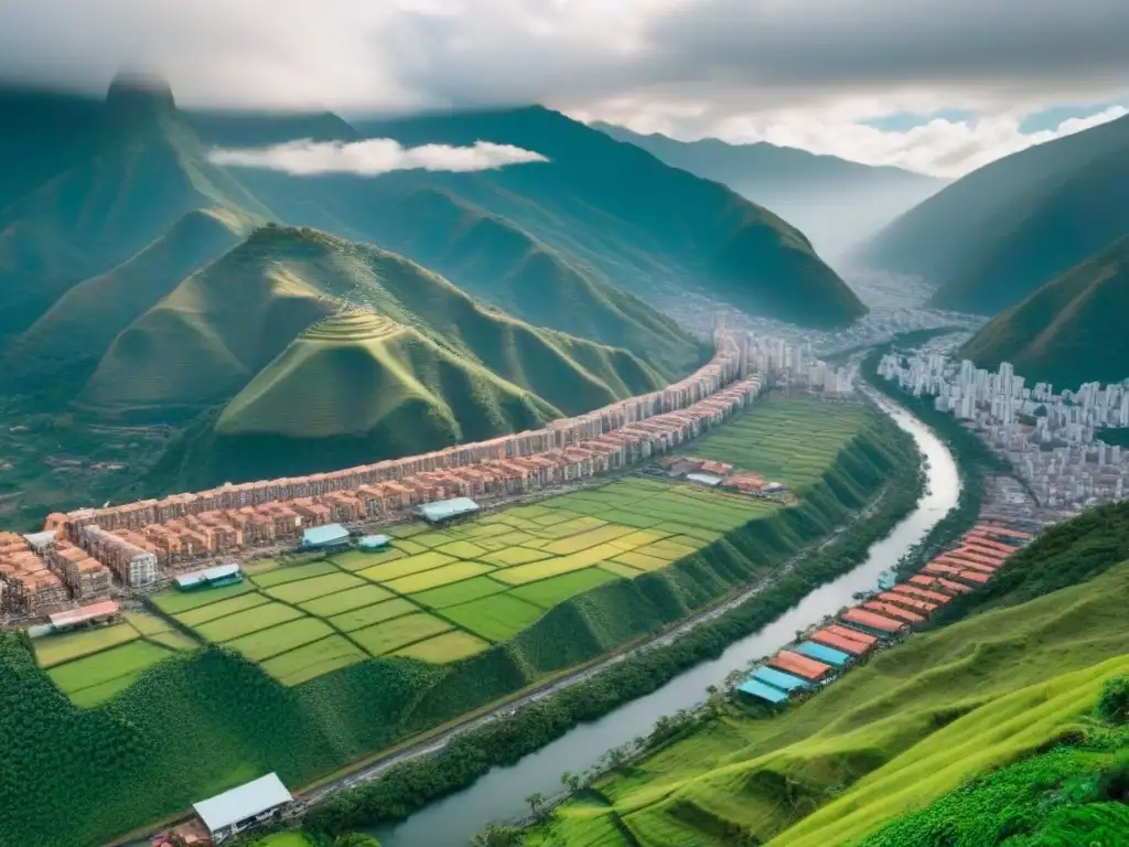 Panorámica sorprendente: ciudad moderna y tradicional en Colombia Vista aérea impresionante de ciudad colombiana, entre rascacielos modernos y arquitectura tradicional, rodeada de naturaleza y montañas