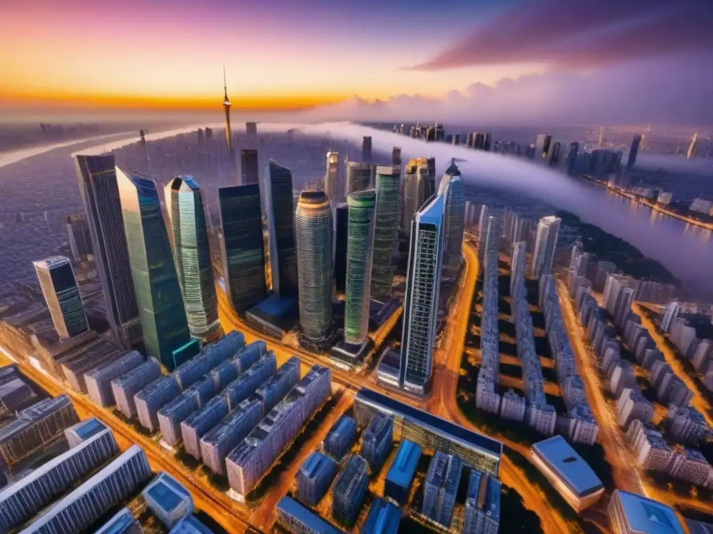Panorámica urbana al atardecer: luces doradas y bullicio Vista aérea impresionante de una ciudad moderna al atardecer, con rascacielos y redes viales iluminadas, simbolizando prosperidad urbana y estrategias para minimizar impuestos en bienes inmuebles
