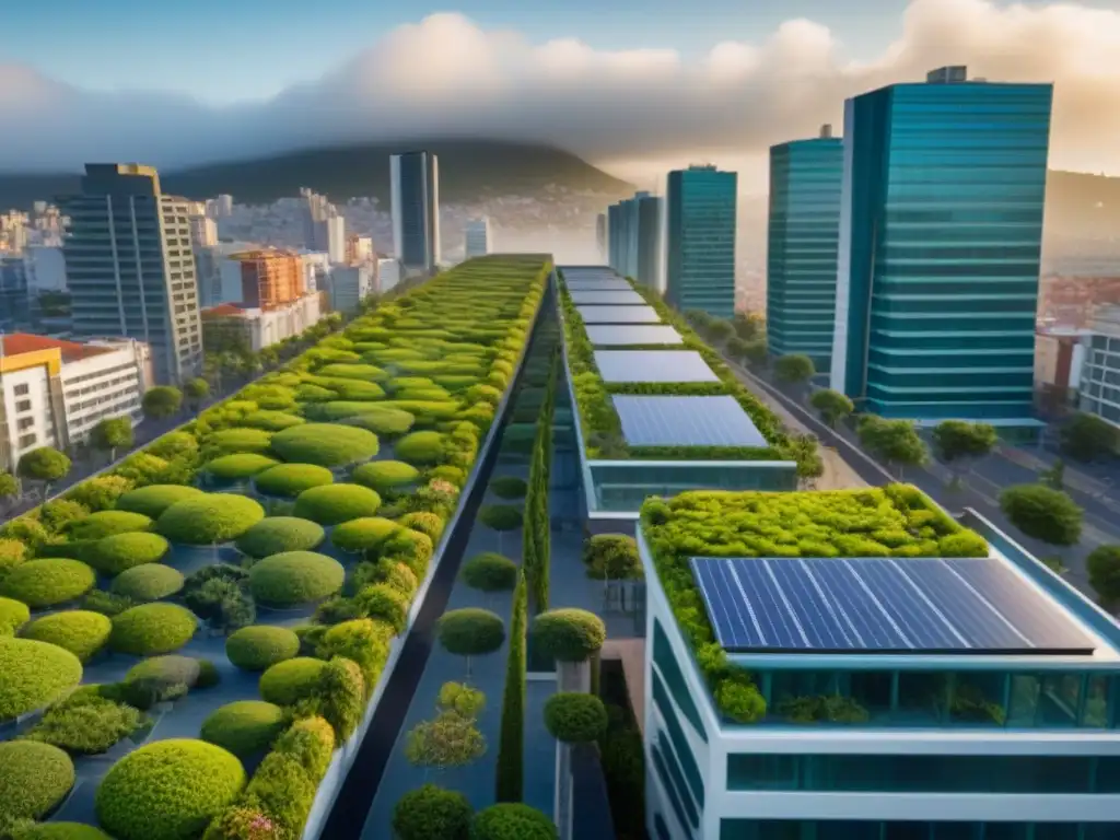 Vibrante armonía urbana: modernidad y naturaleza en la ciudad mexicana Vista aérea impresionante de una ciudad mexicana con normativas ambientales en desarrollo inmobiliario