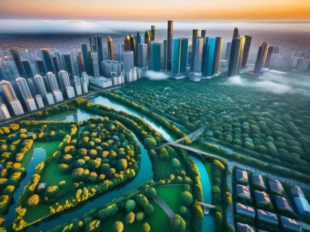 Metrópolis futurista: armonía entre naturaleza y arquitectura Vista aérea impresionante de una ciudad moderna y verde, reflejando leyes urbanísticas desarrollo inmobiliario en armonía futurista