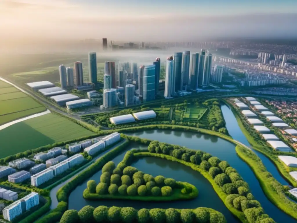 Planificación urbana: armonía entre desarrollo y naturaleza Vista aérea impresionante de una ciudad con zonas de ordenación territorial estratégica, destacando la inversión inmobiliaria