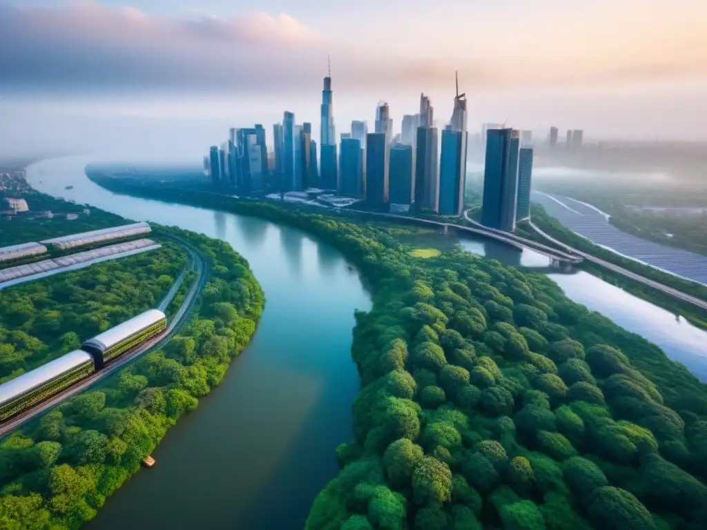 Desarrollo urbano sostenible: modernidad y naturaleza en armonía Vista aérea impresionante de una ciudad moderna con rascacielos, parques verdes y transporte público eficiente, simbolizando la armonía entre desarrollo urbano y conservación ambiental en la inversión inmobiliaria