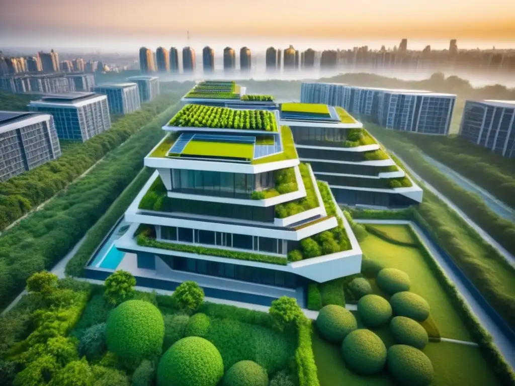 Complejo sostenible: arquitectura verde futurista Vista aérea impresionante de complejo de construcción sostenible con tecnologías verdes innovadoras, paneles solares en azotea y vegetación integrada en arquitectura, en armonía con la ciudad