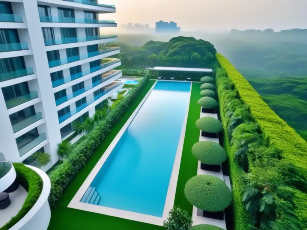 Vistas aéreas de exclusivo complejo residencial de lujo Vista aérea impresionante de complejo de lujo con jardines exuberantes y piscinas, reflejando exclusividad