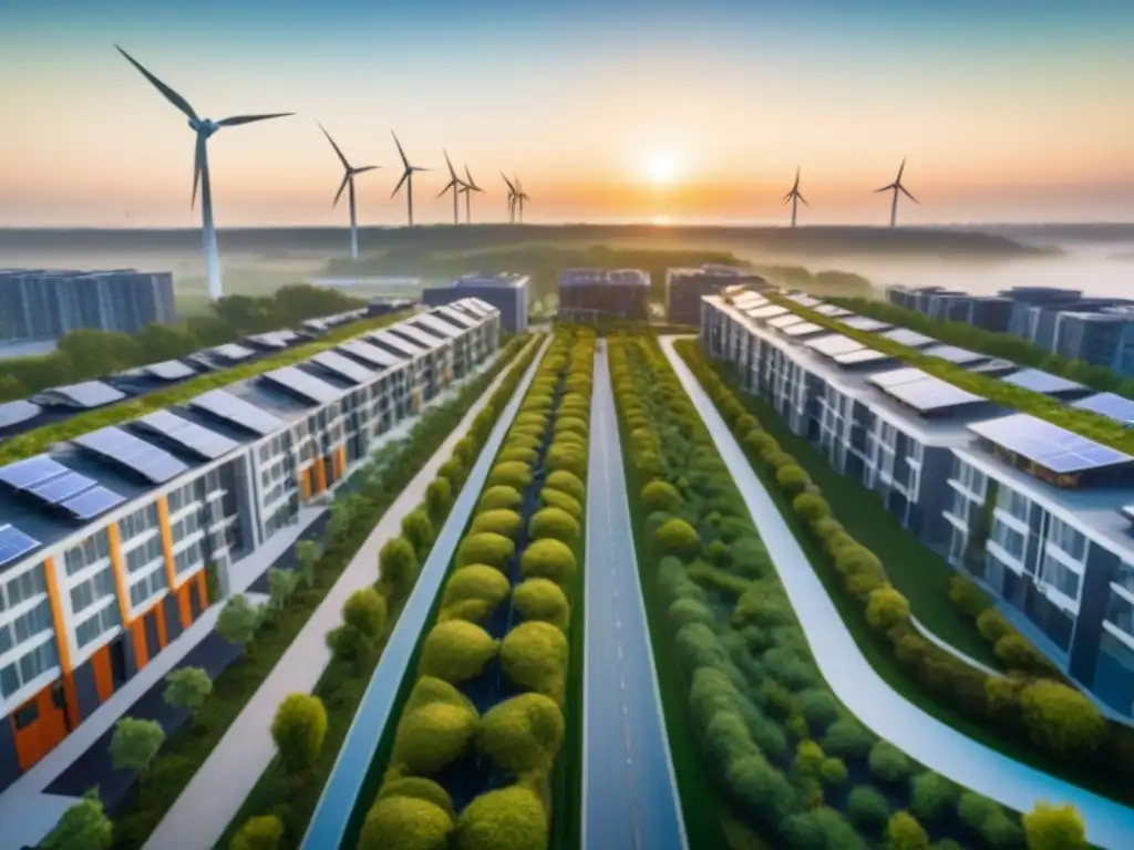 Comunidad sostenible: arquitectura ecoamigable y naturaleza en armonía Una vista aérea impresionante de una comunidad moderna y sostenible con techos verdes, paneles solares, molinos de viento y carriles de bicicleta