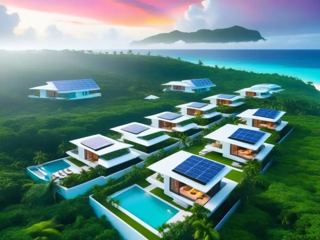 Desarrollo sostenible de lujo en isla caribeña Una vista aérea impresionante de un desarrollo habitacional futurista y sostenible en una isla tropical del Caribe