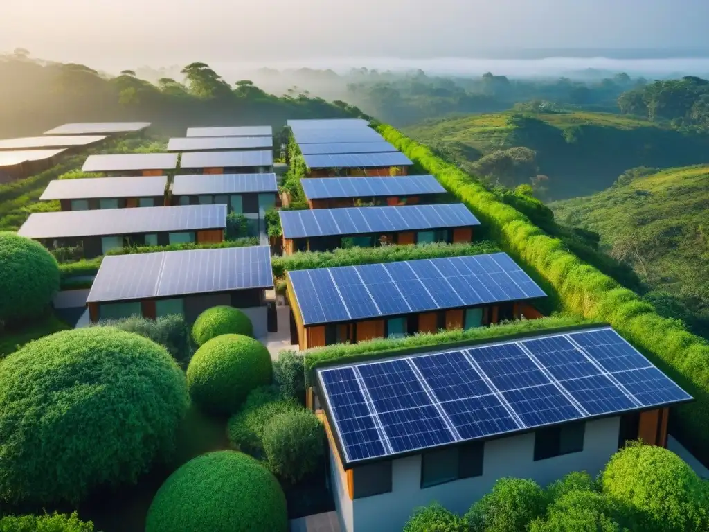 Desarrollo inmobiliario sostenible en armonía con la naturaleza Vista aérea impresionante de desarrollo inmobiliario sostenible rodeado de vegetación, integrando paneles solares y diseño ecoamigable