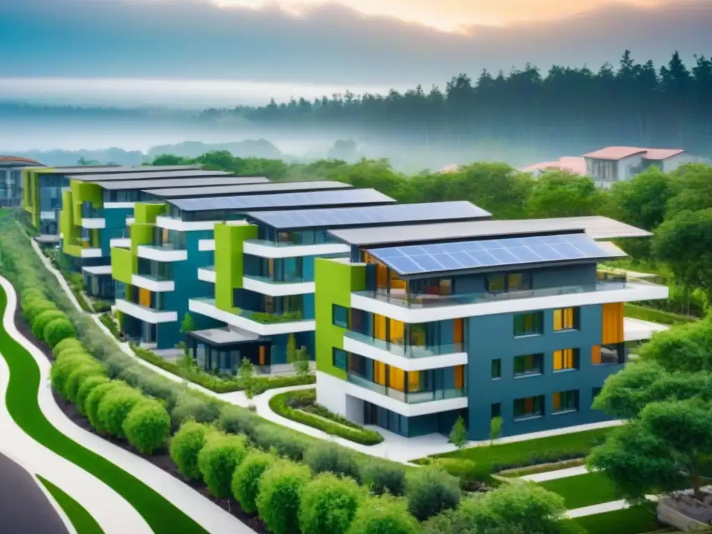 Desarrollo inmobiliario sostenible: arquitectura eco-amigable en armonía con la naturaleza Vista aérea impresionante de desarrollo inmobiliario sostenible con edificios ecoamigables y verde en techos