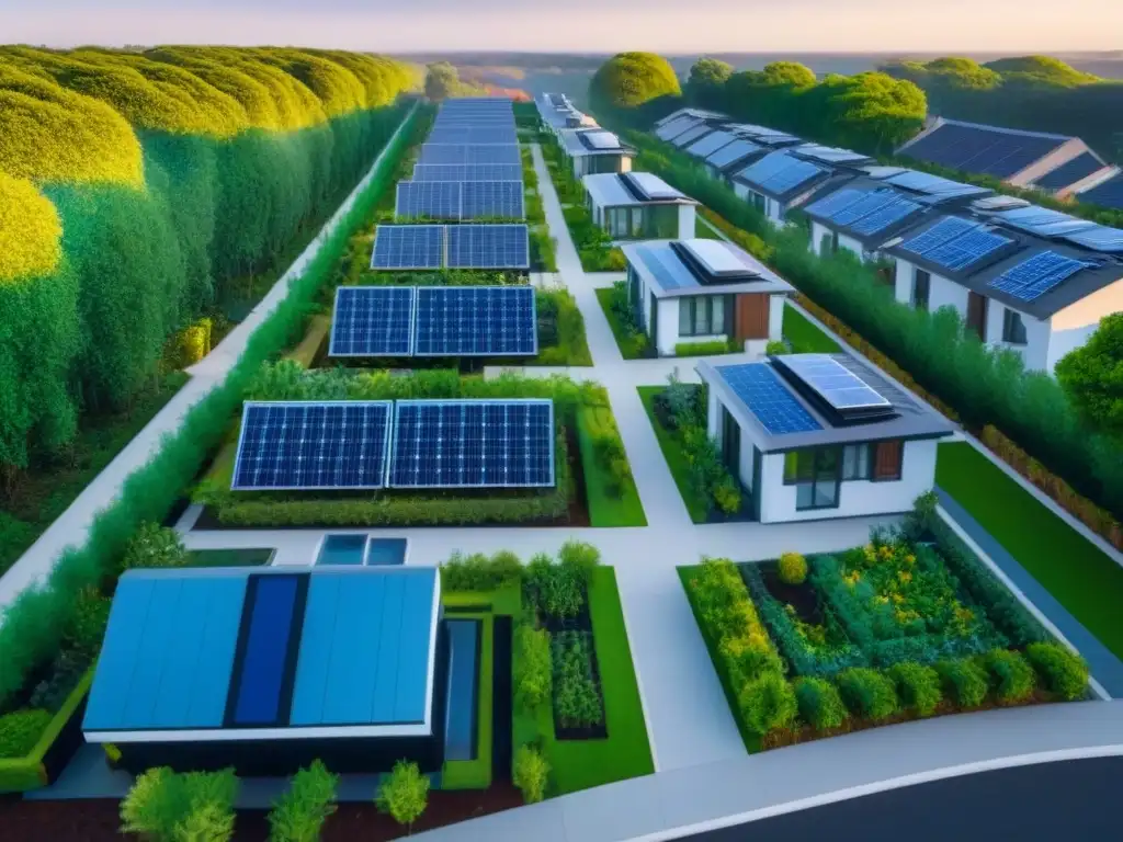 Desarrollo sostenible: modernas casas ecoamigables rodeadas de naturaleza Vista aérea impresionante de un desarrollo de viviendas sostenibles, destacando la importancia de invertir en bienes raíces sostenibles