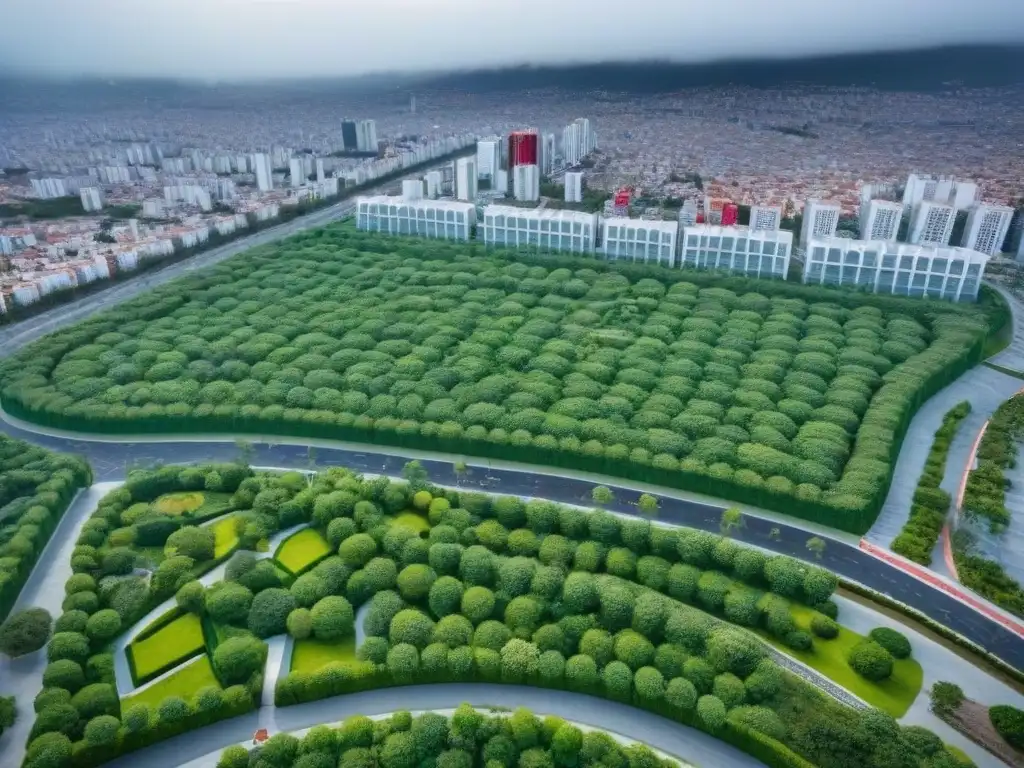 Innovador desarrollo urbano en CDMX con arquitectura dinámica y sostenible Vista aérea impresionante de un desarrollo mixto en CDMX, simbolizando la innovación en el mercado inmobiliario de México