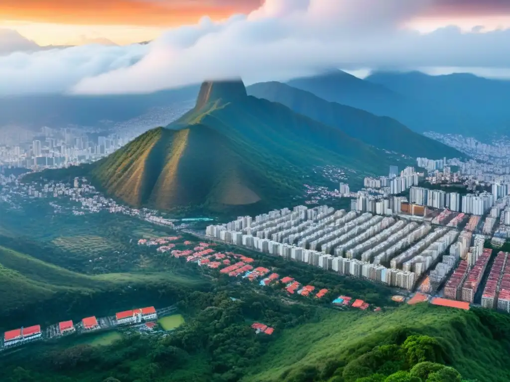 Arquitectura vibrante de Caracas: luces, historia y modernidad Vista aérea impresionante de Caracas, Venezuela, con diversa arquitectura y montañas, simbolizando la legislación inmobiliaria en Venezuela