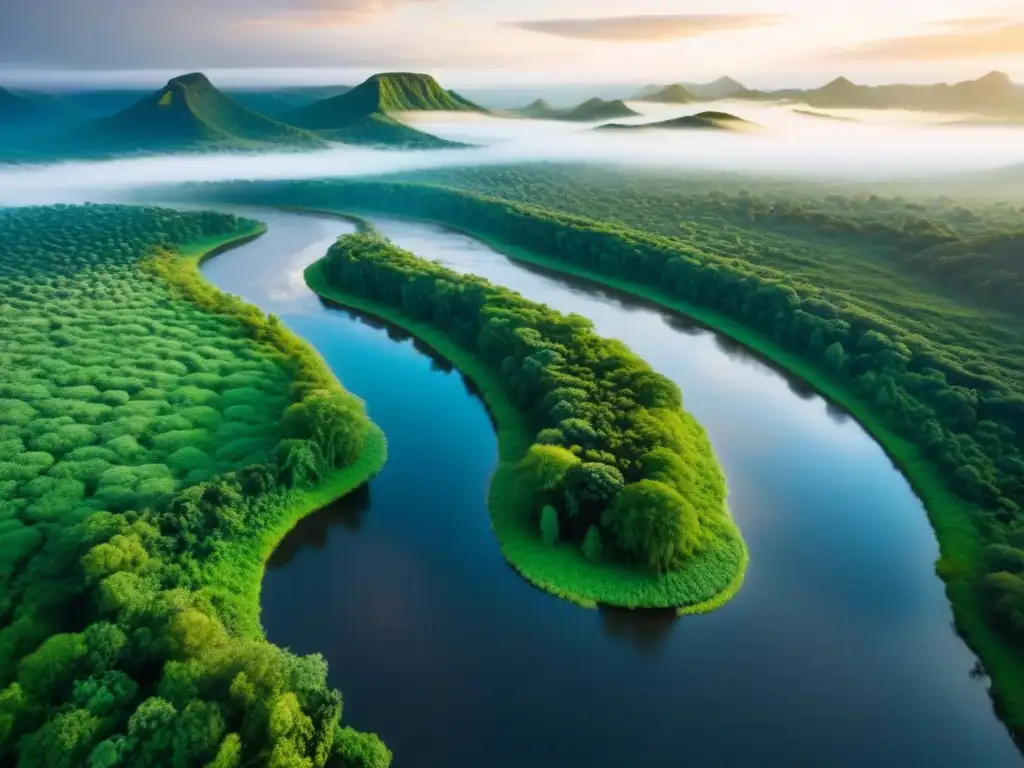 Ecosistema floreciente: belleza natural y armonía Una vista aérea impresionante de un ecosistema diverso y próspero, mostrando la restauración ecológica y la sustentabilidad en la naturaleza