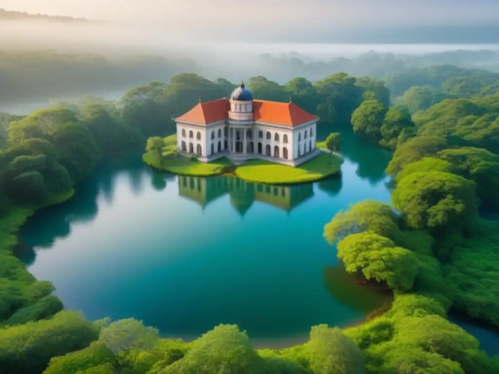 Arquitectura histórica en armonía con la naturaleza en un entorno protegido Vista aérea impresionante de edificio histórico en área protegida, integrando arquitectura con naturaleza