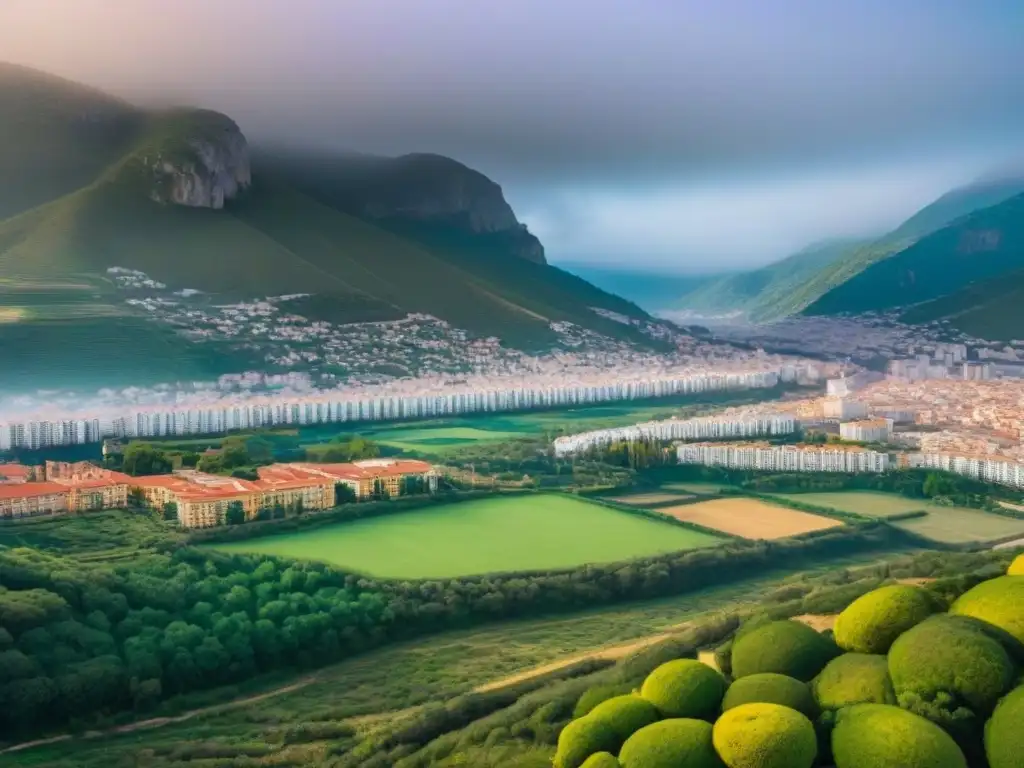 Inversiones inmobiliarias en España: diversidad urbana y naturaleza Vista aérea impresionante de estrategias inversión inmobiliaria diversificada en España: edificios modernos, propiedades históricas y espacios verdes