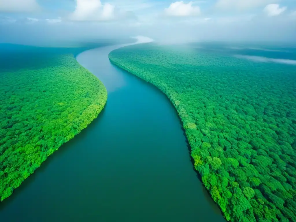 Esplendor verde: Selva de Suriname desde las alturas Vista aérea impresionante de la exuberante selva de Surinam, con el río Surinam serpenteando