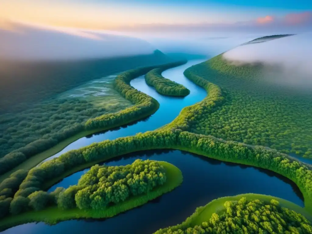 Restauración eco-amigable de paisaje: belleza natural revitalizada Una vista aérea impresionante de una exuberante y vibrante restauración de paisajes, con flora y fauna nativa, ríos serpenteantes y diseño sostenible