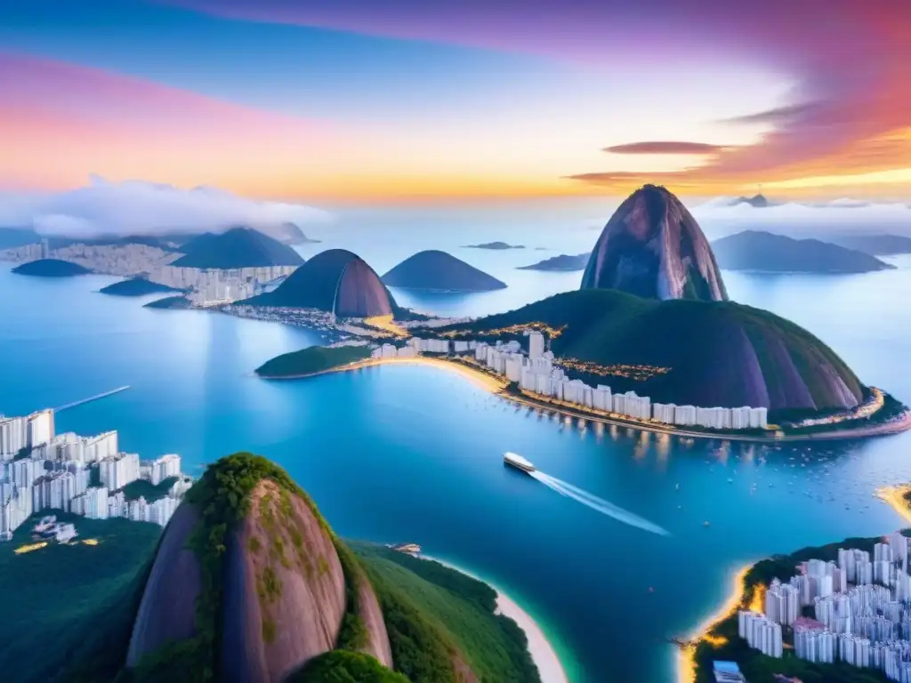 Maravillosa vista aérea del Pão de Açúcar al atardecer en Río de Janeiro Una vista aérea impresionante del icónico Pan de Azúcar en Río de Janeiro, Brasil, con el skyline de la ciudad al atardecer