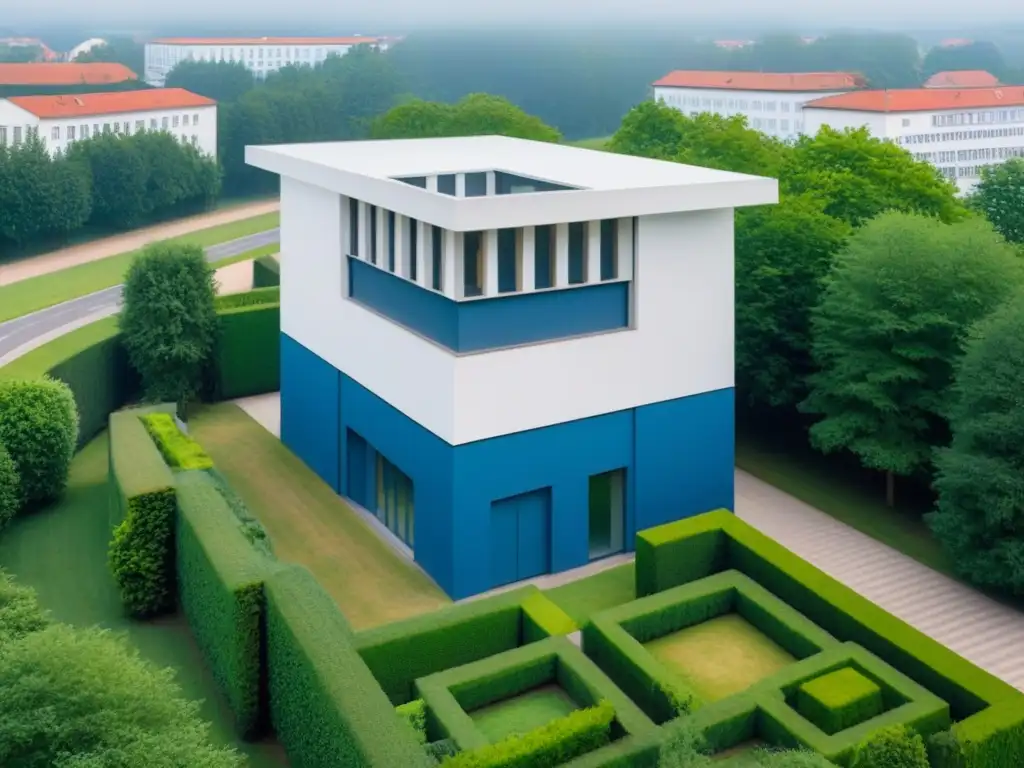 Arquitectura moderna en Alemania: icónico edificio Bauhaus en Dessau Una vista aérea impresionante del icónico edificio Bauhaus en Dessau, Alemania, resaltando su diseño minimalista y uso innovador de formas geométricas
