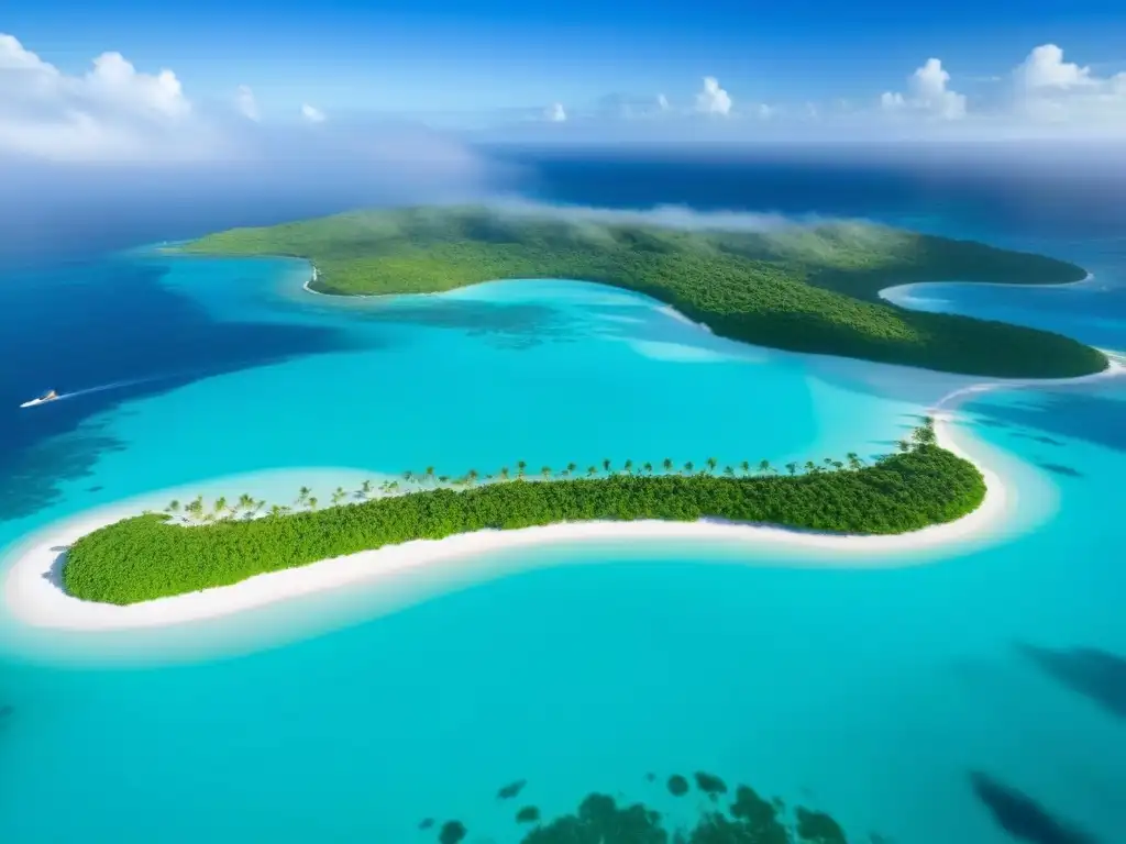 Paraíso caribeño: Desarrollo inmobiliario de lujo en isla tropical Vista aérea de una impresionante isla caribeña con aguas turquesa, vegetación exuberante y propiedades frente al mar de diseño moderno, destacando el crecimiento en los mercados inmobiliarios del Caribe