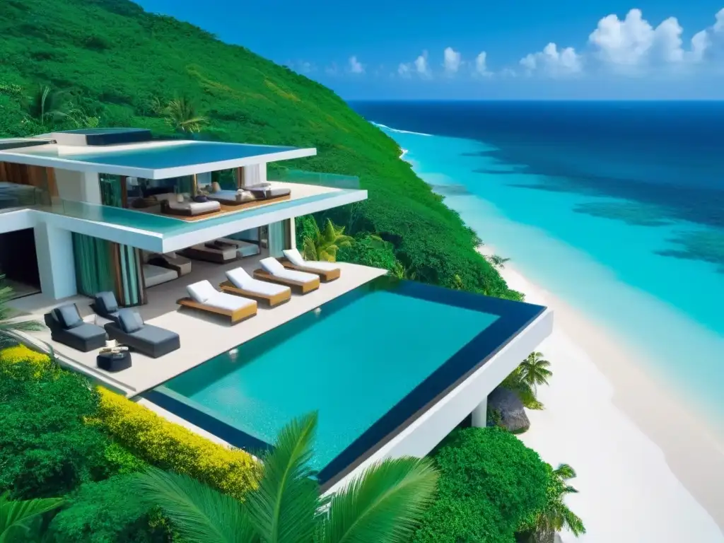 Exclusiva villa de lujo con piscina infinita en el Caribe Vista aérea impresionante de una lujosa villa frente al mar en el Caribe, con piscina infinita y diseño moderno