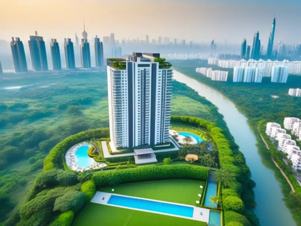Esplendor urbano: residencial de lujo entre naturaleza y skyline vibrante Vista aérea impresionante de un lujoso edificio residencial rodeado de exuberante vegetación y una deslumbrante línea de horizonte de la ciudad