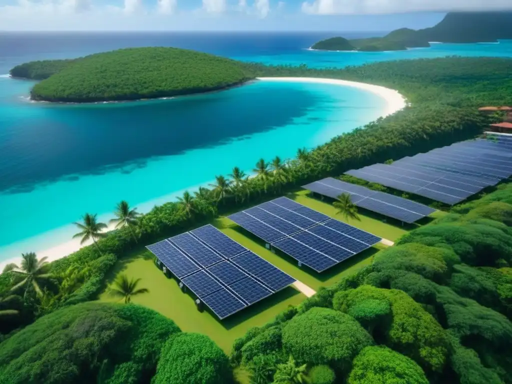 Resort de lujo sostenible en el Caribe: armonía entre lujo y naturaleza Vista aérea impresionante de un lujoso resort sostenible en el Caribe, con paneles solares, exuberante vegetación y aguas turquesas cristalinas