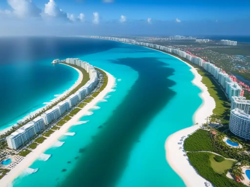 Vista aérea de Cancún: ciudad vibrante y playas turquesas Vista aérea impresionante de Cancún, México, donde el mar turquesa se encuentra con playas blancas y propiedades de lujo