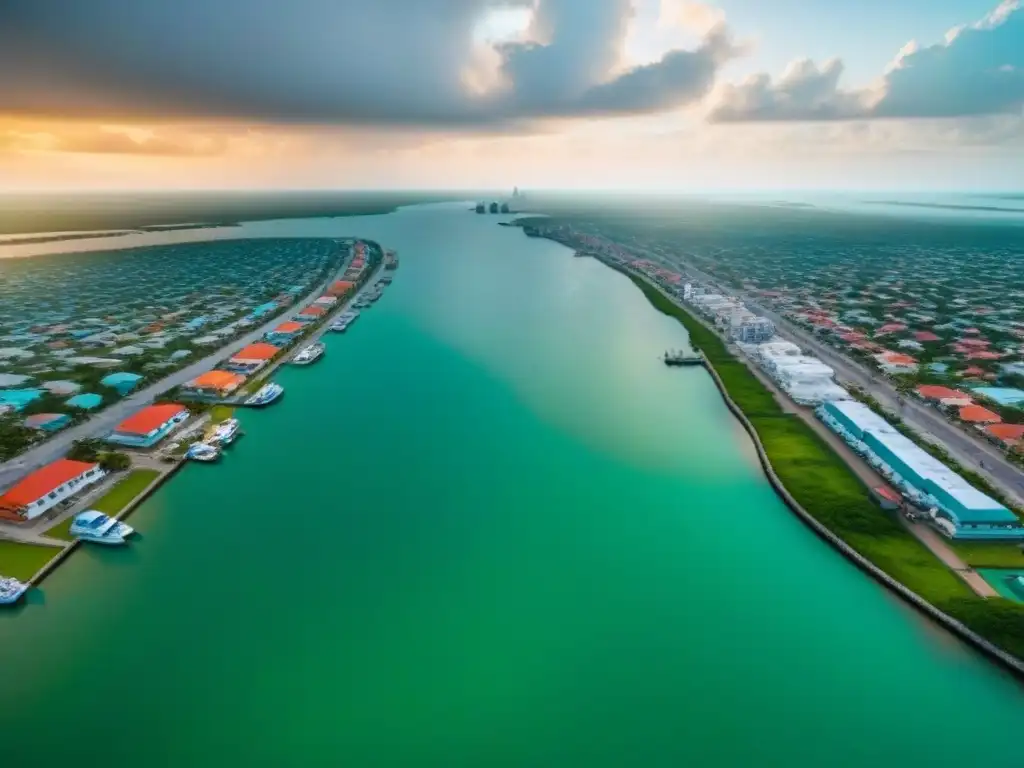 Skyline moderno de Belice: oportunidades de inversión inmobiliaria Vista aérea impresionante de la moderna silueta de la ciudad de Belice, con rascacielos, calles bulliciosas y propiedades de lujo en la costa