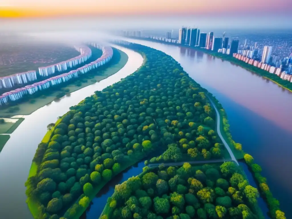 Panorámica impresionante de Asunción, ciudad moderna y verde Vista aérea impresionante de Asunción, capital de Paraguay, con modernos rascacielos, parques verdes y el río Paraguay, bajo un cielo azul
