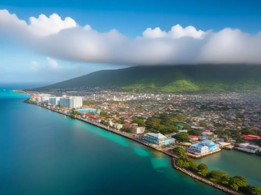 Skyline de Kingston, Jamaica: lujo frente al mar Caribe Vista aérea impresionante de Kingston, Jamaica, con modernos rascacielos y edificios históricos frente al Mar Caribe